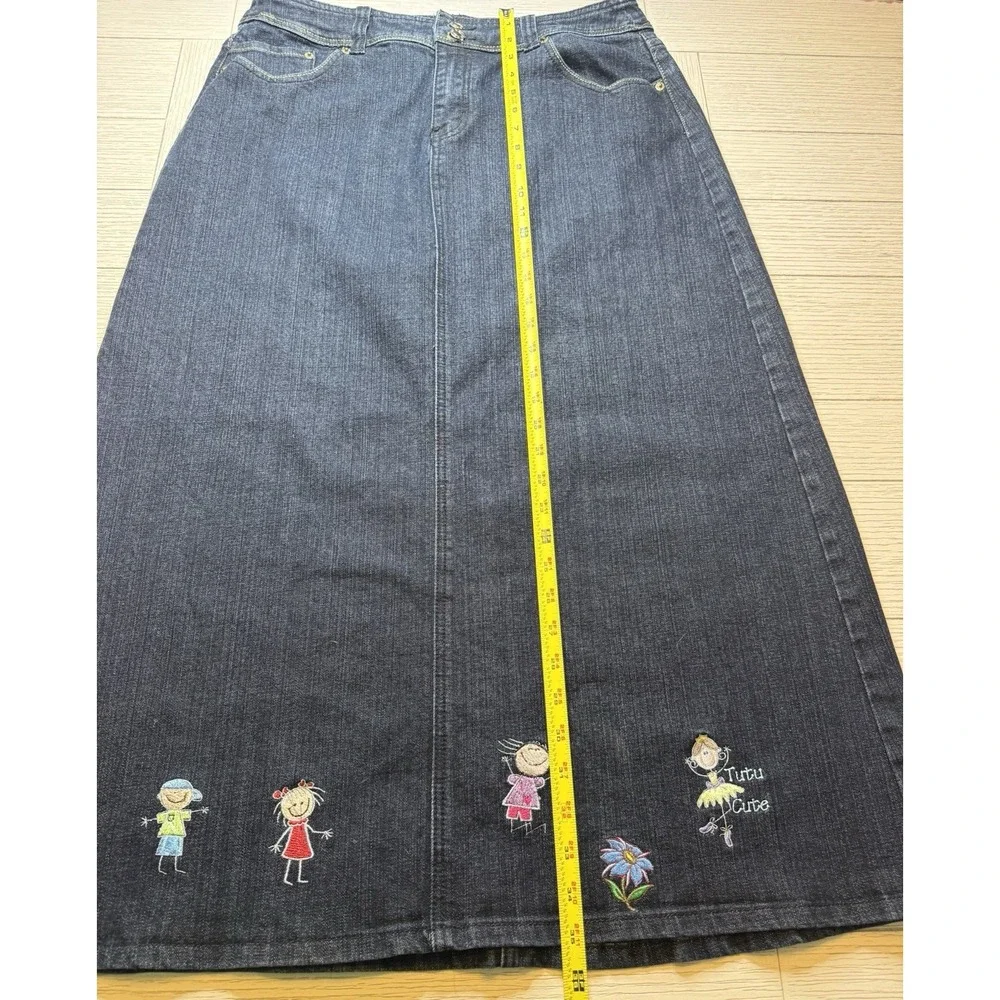 Baccini Women 90s Embroidered Butterfly Kids Flower Denim Maxi Skirt‎ Sz 12 Boho